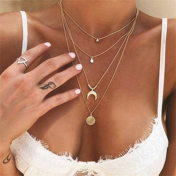 Vintage Carved Coin Necklace For Women Fashion Gold Color Medallion Necklace Multiple Layers Pendant Long Necklaces Boho Jewelry