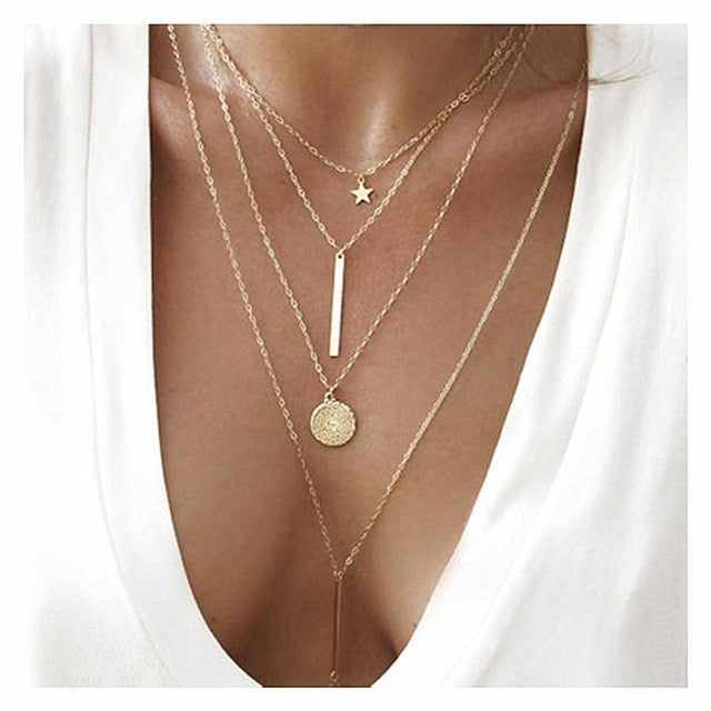 Vintage Carved Coin Necklace For Women Fashion Gold Color Medallion Necklace Multiple Layers Pendant Long Necklaces Boho Jewelry