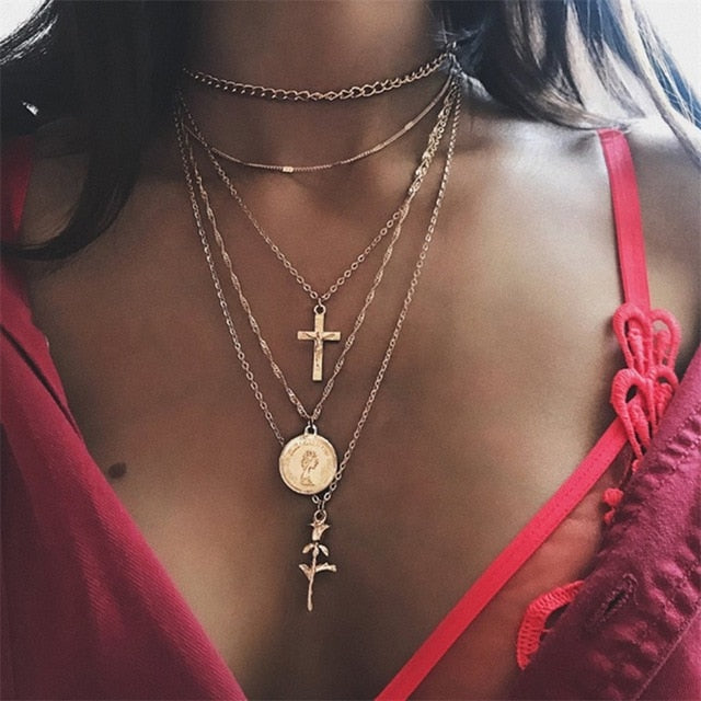 Vintage Carved Coin Necklace For Women Fashion Gold Color Medallion Necklace Multiple Layers Pendant Long Necklaces Boho Jewelry