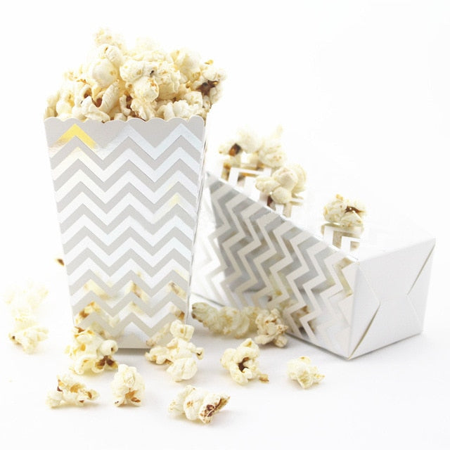 6PCS Party Popcorn Boxes Gold Silver Pop Corn Candy/Sanck Rose Gold Paper Popcorn Boxes Wedding Birthday Movie Party Tableware